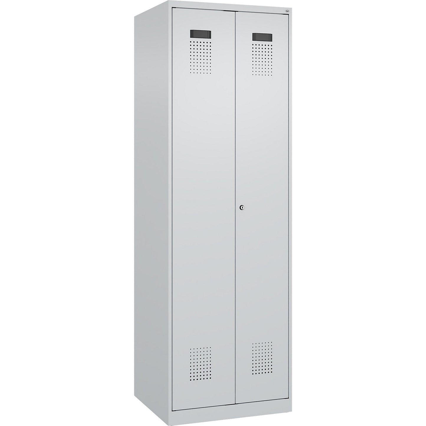 Evolo PLUS locker for cleaning products, 1 compartment, partition in centre, light grey, W 600 mm, with floor glides, cylinder lock.