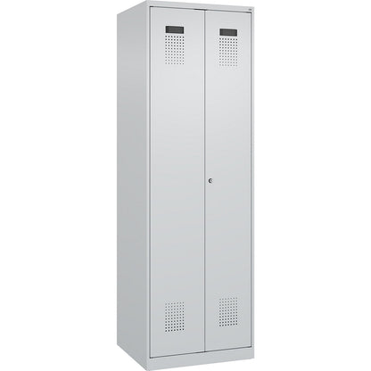 Evolo PLUS locker for cleaning products, 1 compartment, partition in centre, light grey, W 600 mm, with floor glides, cylinder lock.
