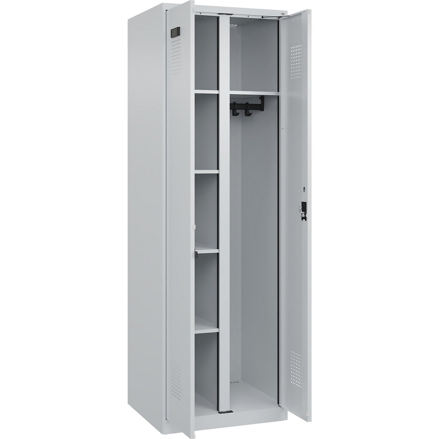 Evolo PLUS locker for cleaning products, 1 compartment, partition in centre, light grey, W 600 mm, with floor glides, cylinder lock.