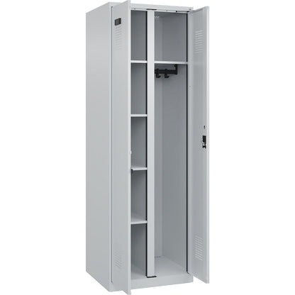 Evolo PLUS locker for cleaning products, 1 compartment, partition in centre, light grey, W 600 mm, with floor glides, cylinder lock.