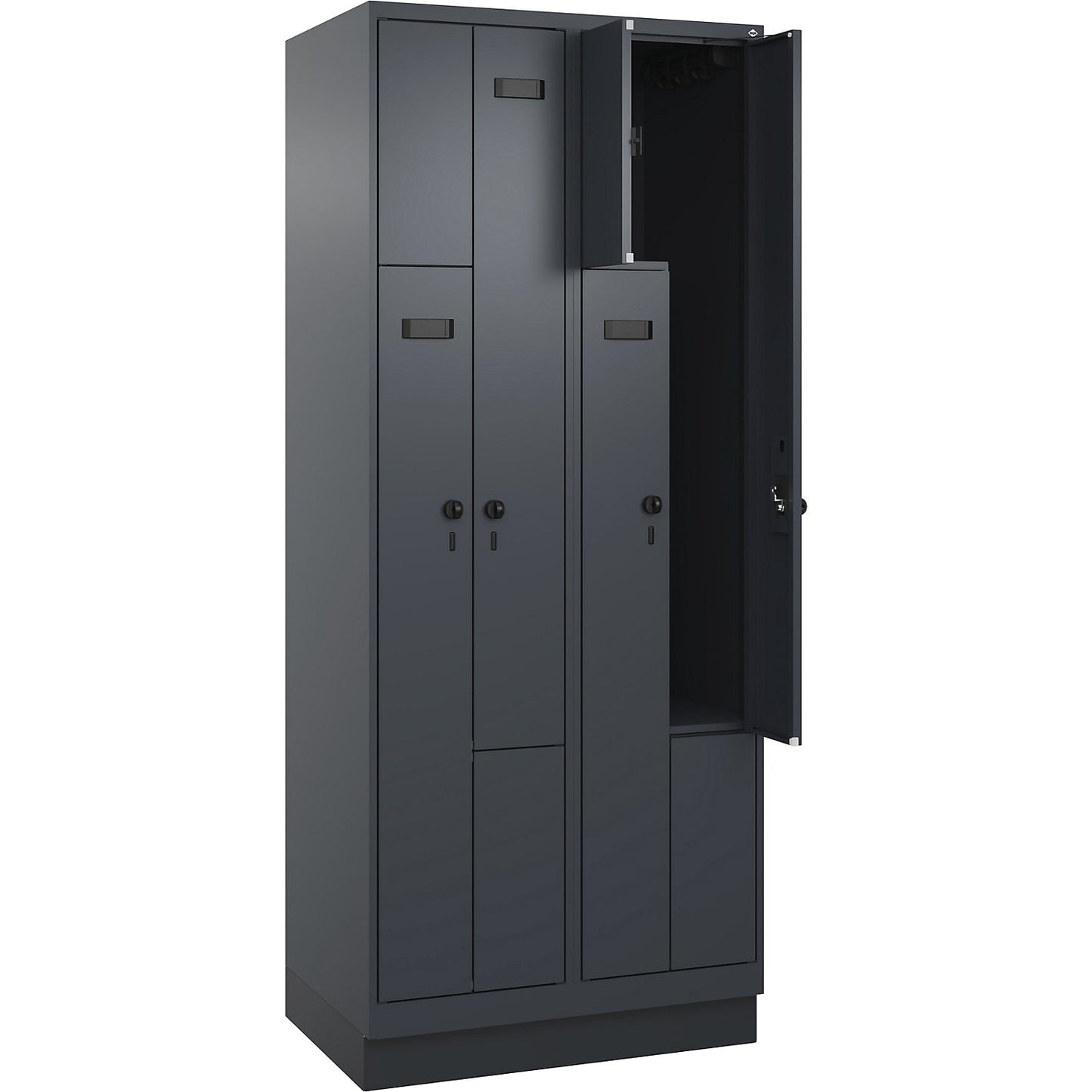 Evolo PLUS Z-locker, 2 compartments, grey, W 800 mm, 4 compartments, with base plinth, security rotary bolt.