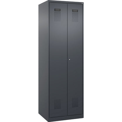 Evolo PLUS locker for cleaning products, 1 compartment, partition in centre, grey, W 600 mm, with floor glides, cylinder lock.