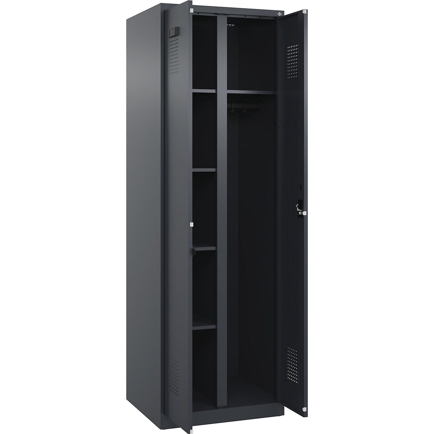 Evolo PLUS locker for cleaning products, 1 compartment, partition in centre, grey, W 600 mm, with floor glides, cylinder lock.