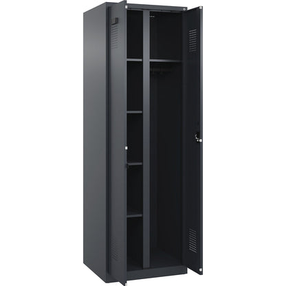 Evolo PLUS locker for cleaning products, 1 compartment, partition in centre, grey, W 600 mm, with floor glides, cylinder lock.