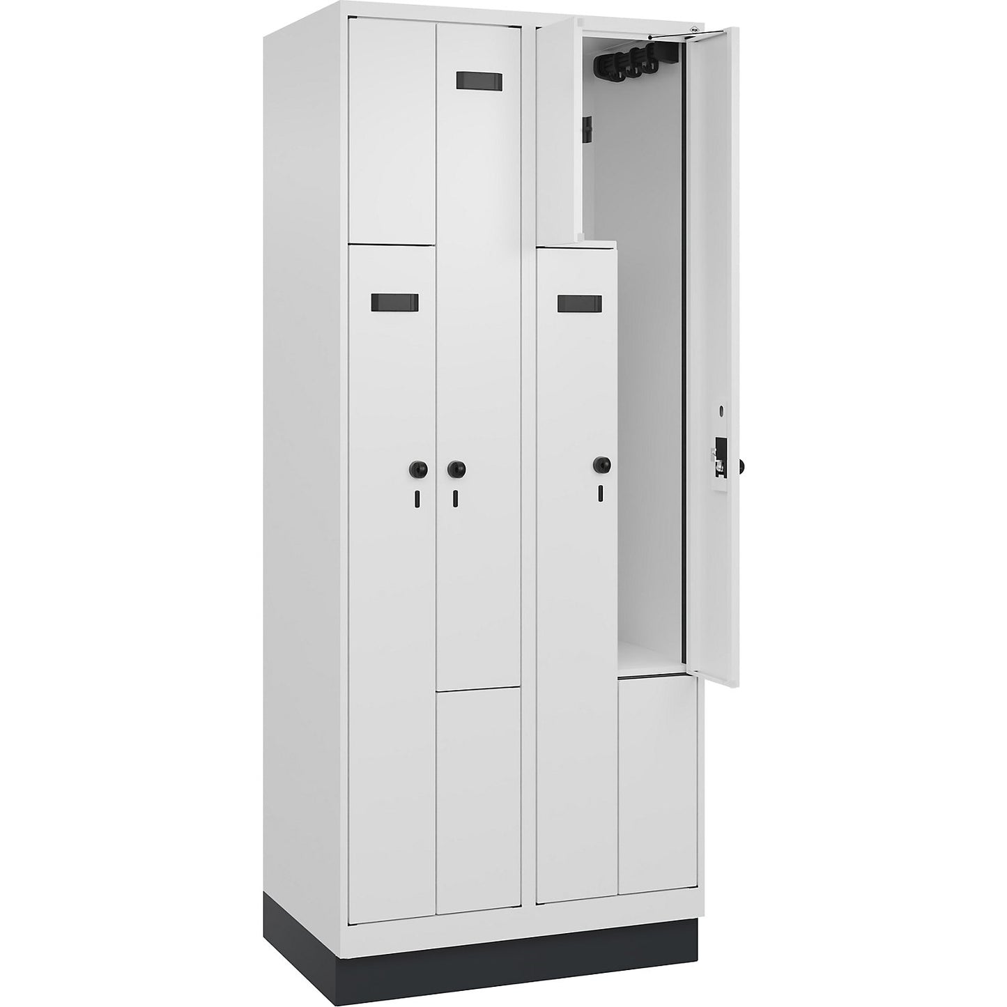 Evolo PLUS Z-locker, 2 compartments, white, W 800 mm, 4 compartments, with base plinth, security rotary bolt.