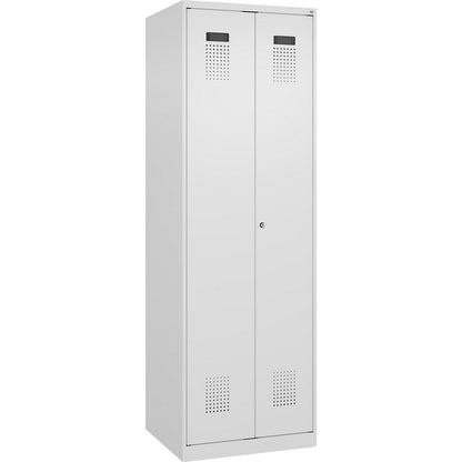 Evolo PLUS locker for cleaning products, 1 compartment, partition in centre, white, W 600 mm, with floor glides, cylinder lock.