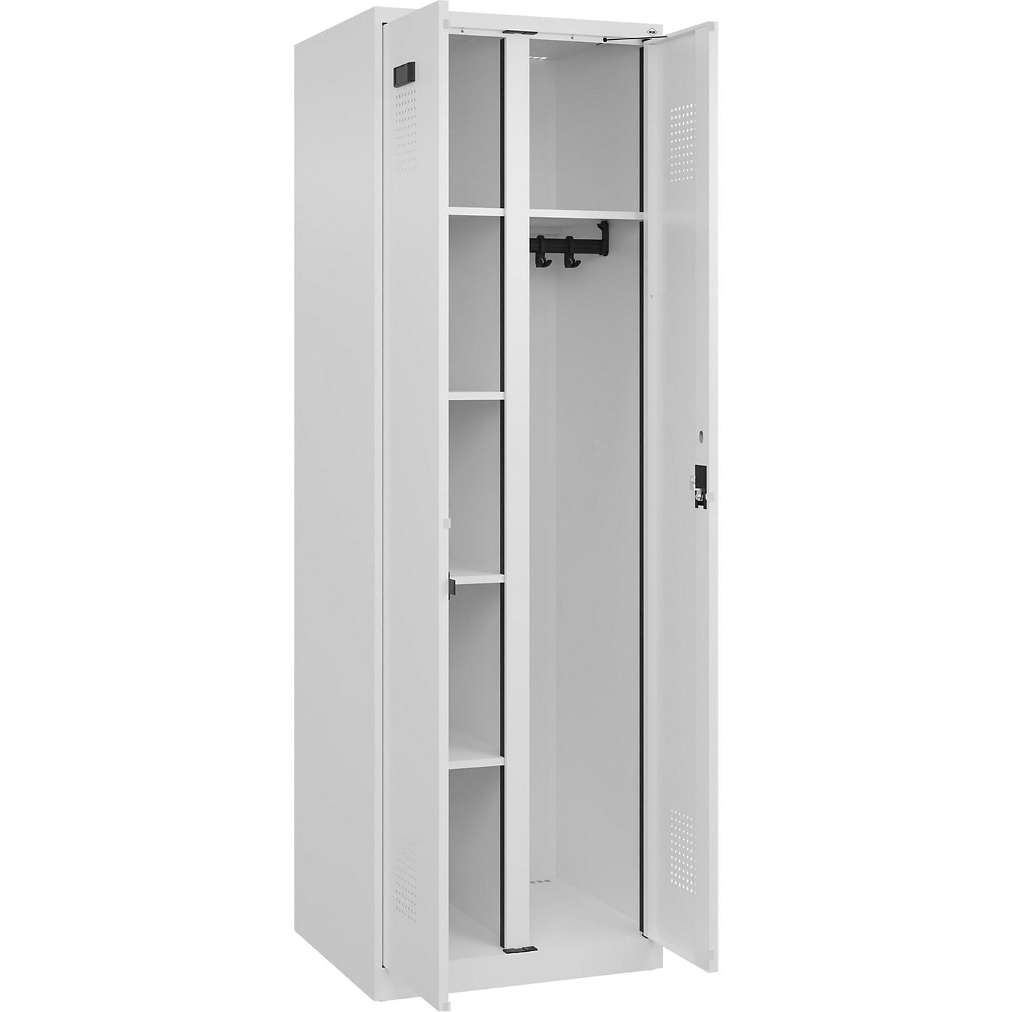 Evolo PLUS locker for cleaning products, 1 compartment, partition in centre, white, W 600 mm, with floor glides, cylinder lock.