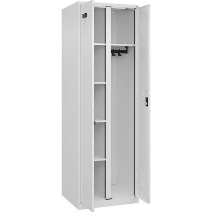 Evolo PLUS locker for cleaning products, 1 compartment, partition in centre, white, W 600 mm, with floor glides, cylinder lock.
