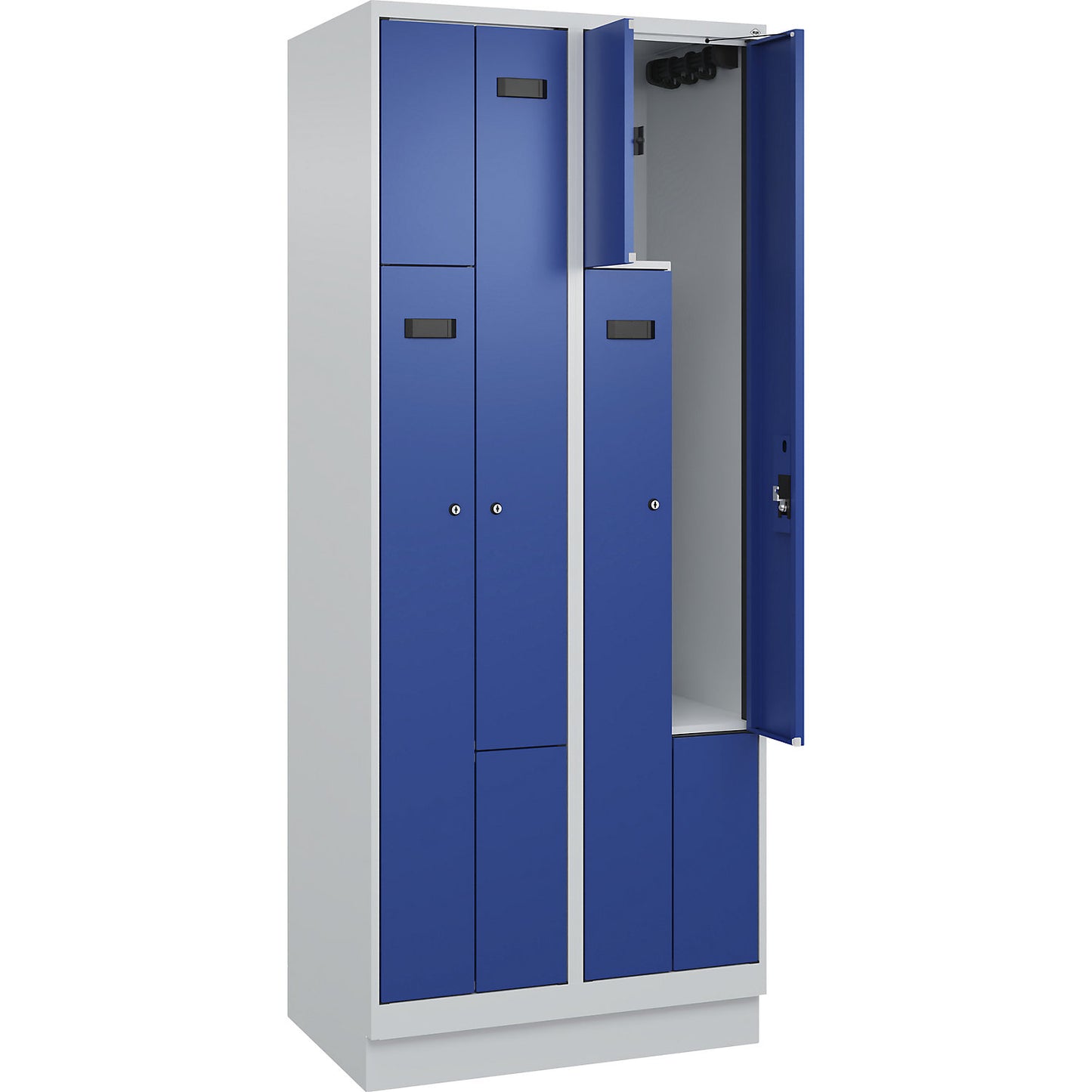 Evolo PLUS Z-locker, 2 compartments, light grey / gentian blue, W 800 mm, 4 compartments, with base plinth, cylinder lock.