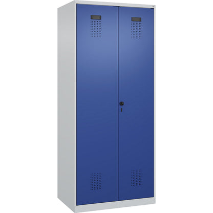 Evolo PLUS locker for cleaning products, 1 compartment, partition in centre, light grey / gentian blue, W 800 mm, with floor glides, security rotary bolt.