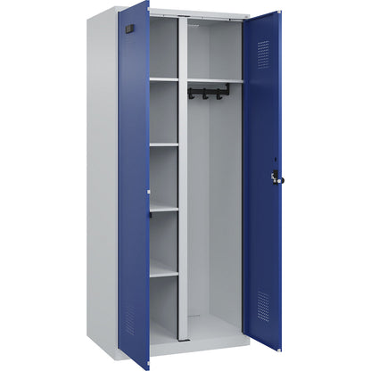Evolo PLUS locker for cleaning products, 1 compartment, partition in centre, light grey / gentian blue, W 800 mm, with floor glides, security rotary bolt.