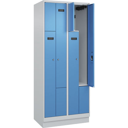 Evolo PLUS Z-locker, 2 compartments, light grey / light blue, W 800 mm, 4 compartments, with base plinth, cylinder lock.
