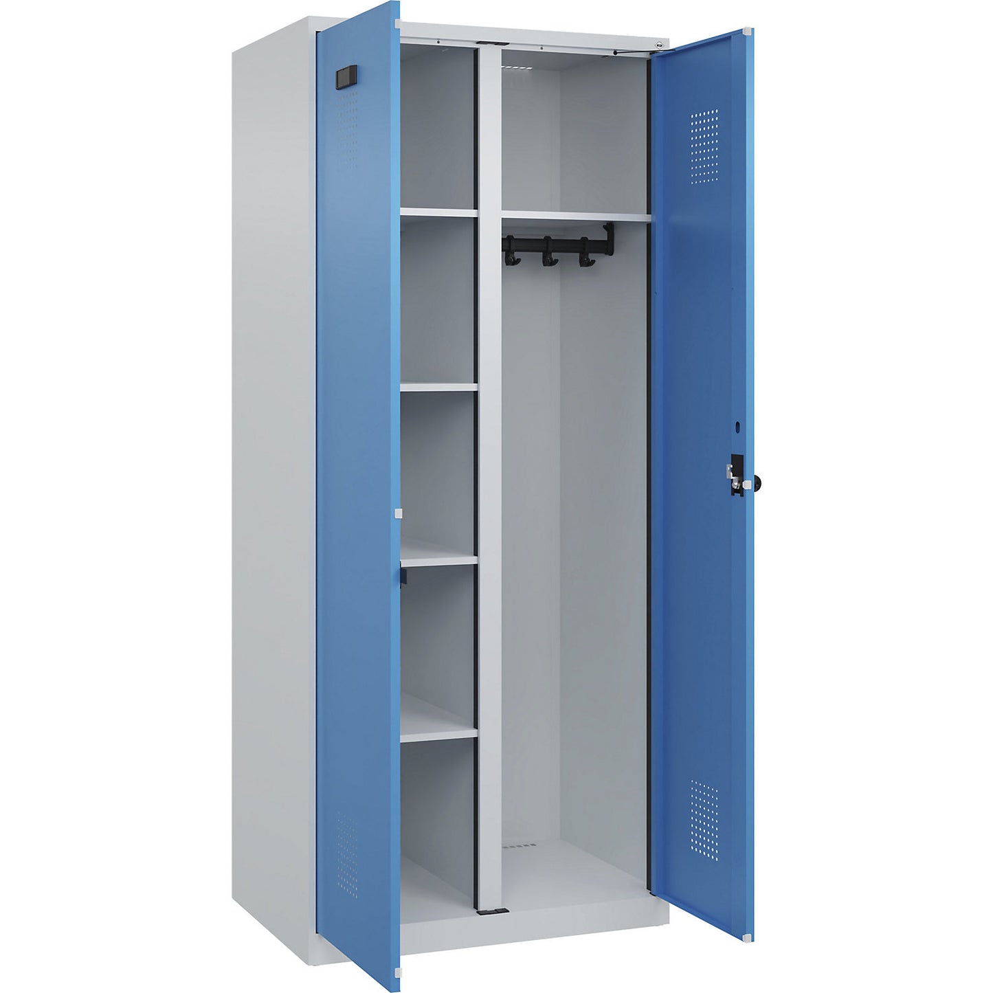Evolo PLUS locker for cleaning products, 1 compartment, partition in centre, light grey / light blue, W 800 mm, with floor glides, security rotary bolt.