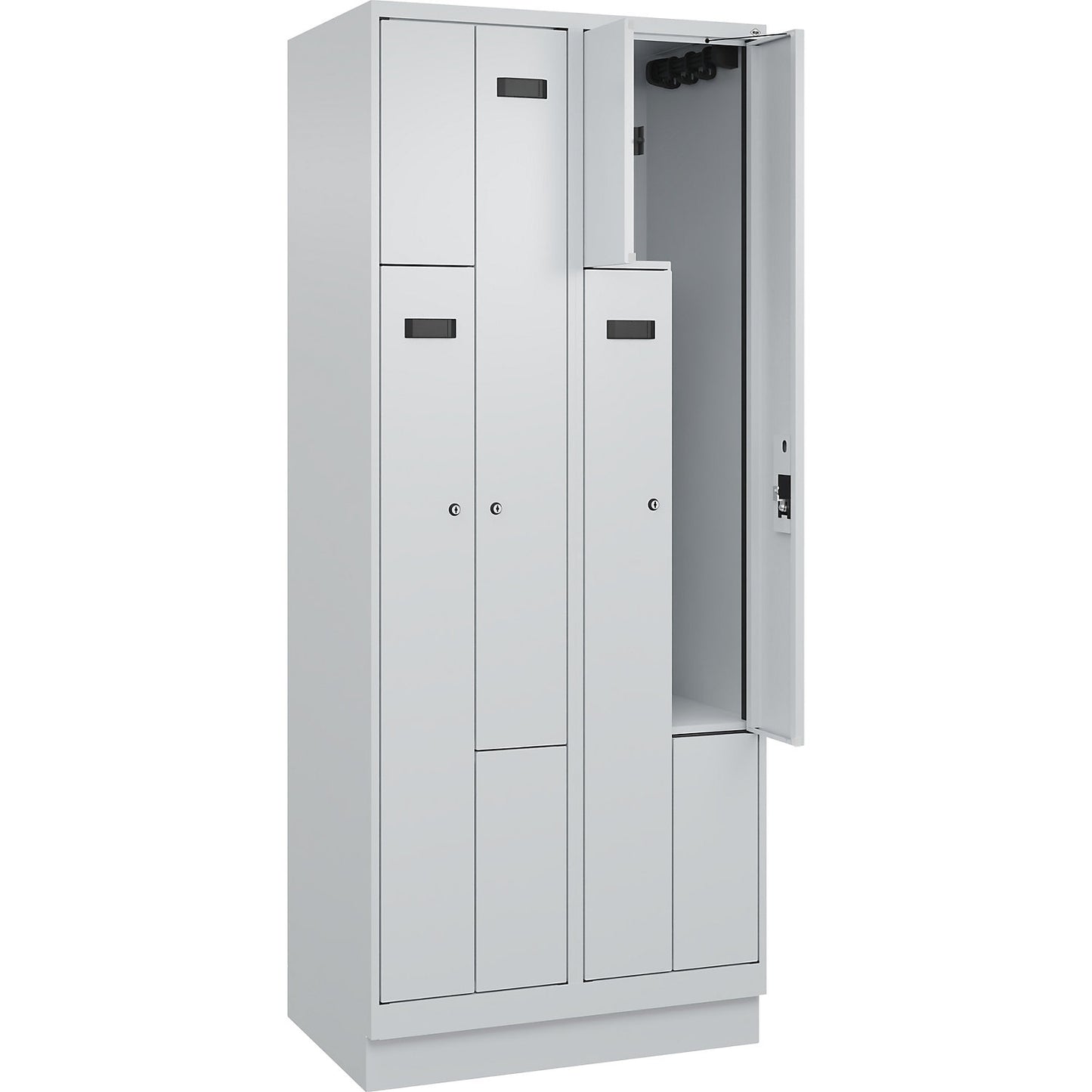 Evolo PLUS Z-locker, 2 compartments, light grey, W 800 mm, 4 compartments, with base plinth, cylinder lock.