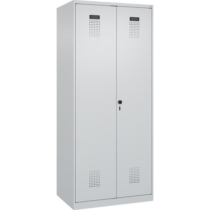 Evolo PLUS locker for cleaning products, 1 compartment, partition in centre, light grey, W 800 mm, with floor glides, security rotary bolt.