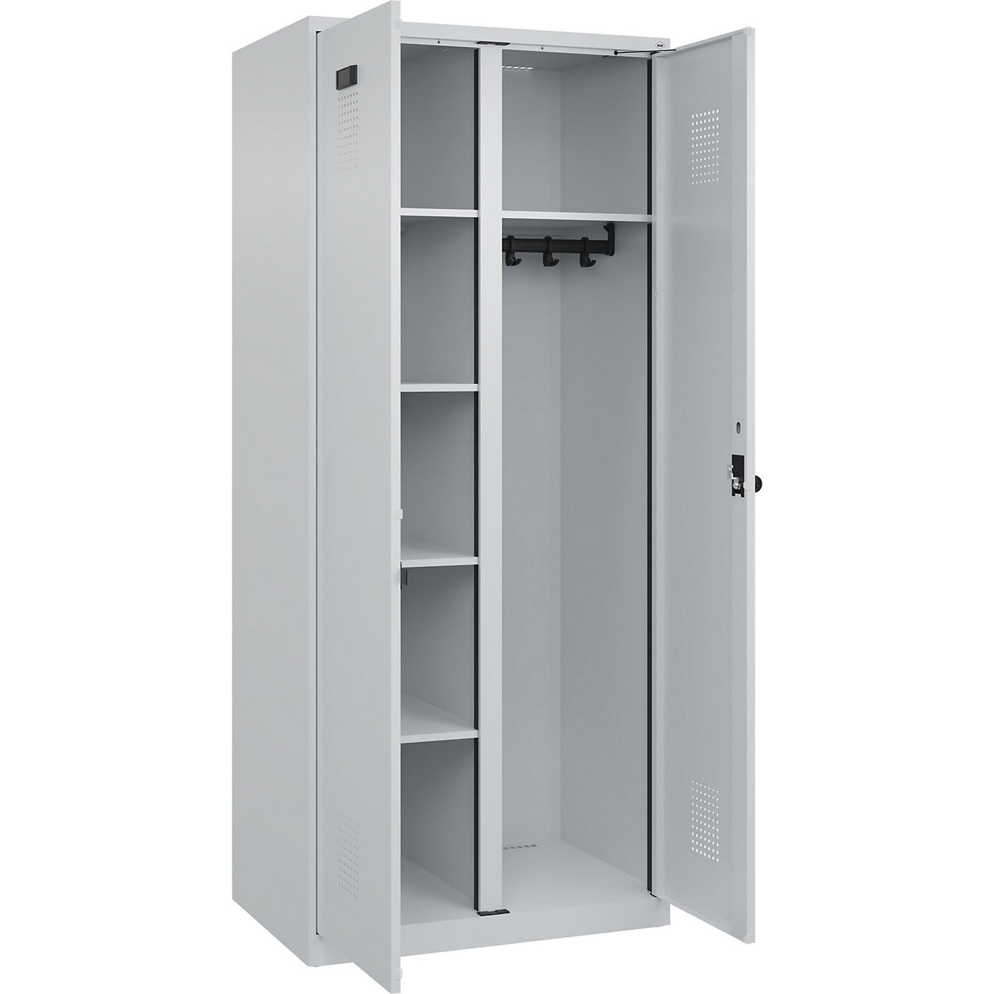 Evolo PLUS locker for cleaning products, 1 compartment, partition in centre, light grey, W 800 mm, with floor glides, security rotary bolt.