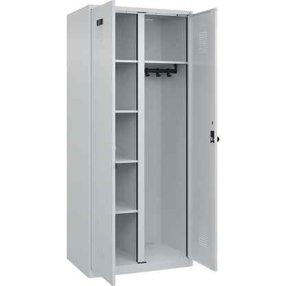 Evolo PLUS locker for cleaning products, 1 compartment, partition in centre, light grey, W 800 mm, with floor glides, security rotary bolt.