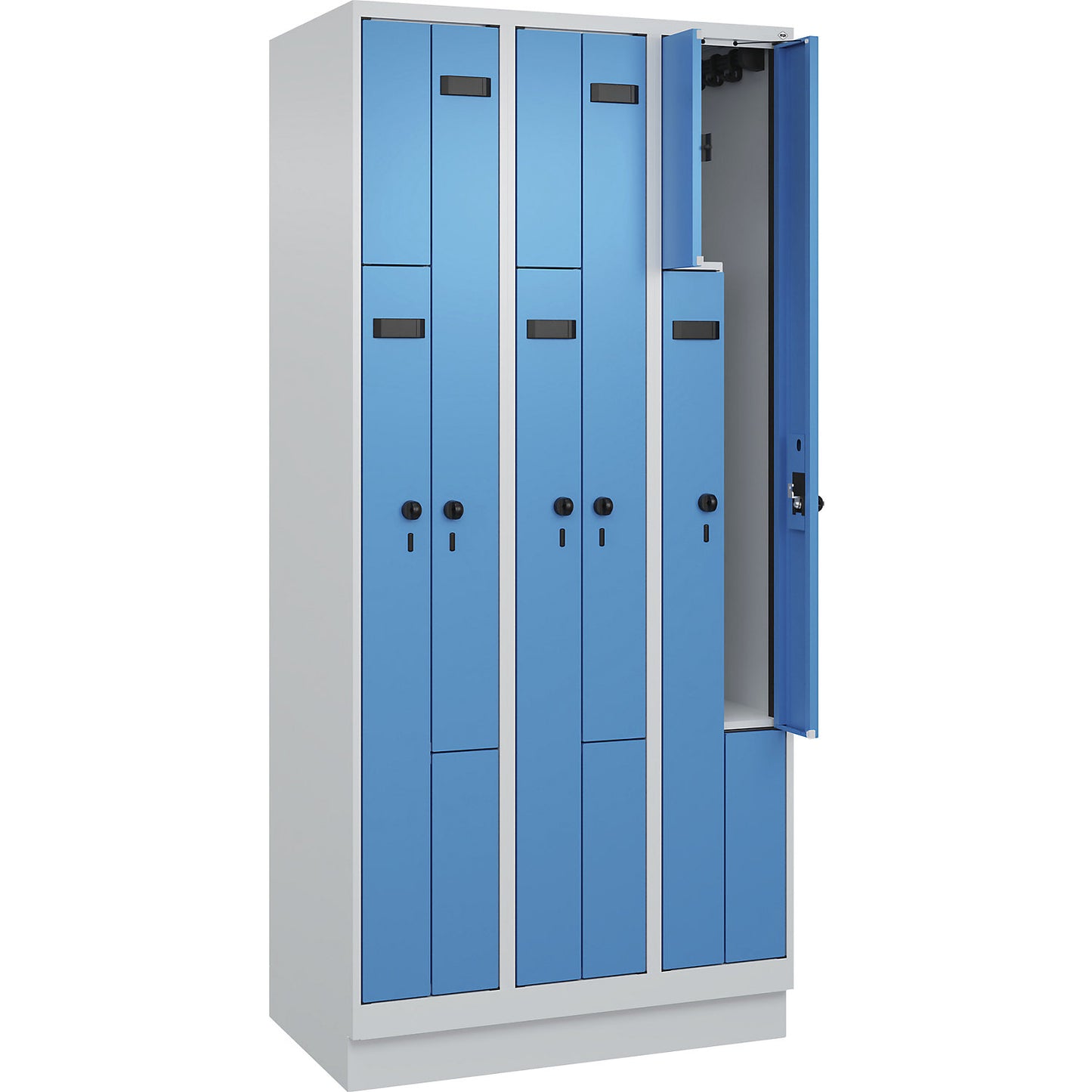 Evolo PLUS Z-locker, 3 compartments, light grey / light blue, W 900 mm, 6 compartments, with base plinth, security rotary bolt.