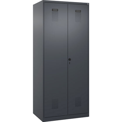 Evolo PLUS locker for cleaning products, 1 compartment, partition in centre, grey, W 800 mm, with floor glides, security rotary bolt.