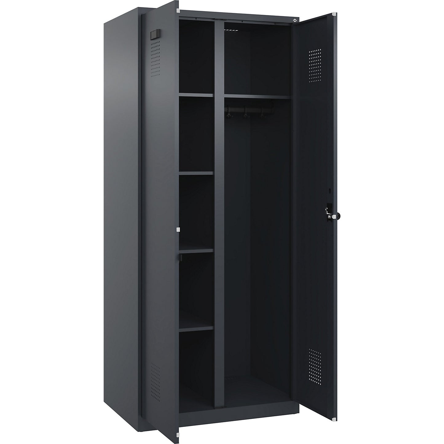 Evolo PLUS locker for cleaning products, 1 compartment, partition in centre, grey, W 800 mm, with floor glides, security rotary bolt.