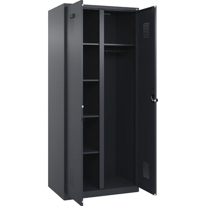 Evolo PLUS locker for cleaning products, 1 compartment, partition in centre, grey, W 800 mm, with floor glides, security rotary bolt.
