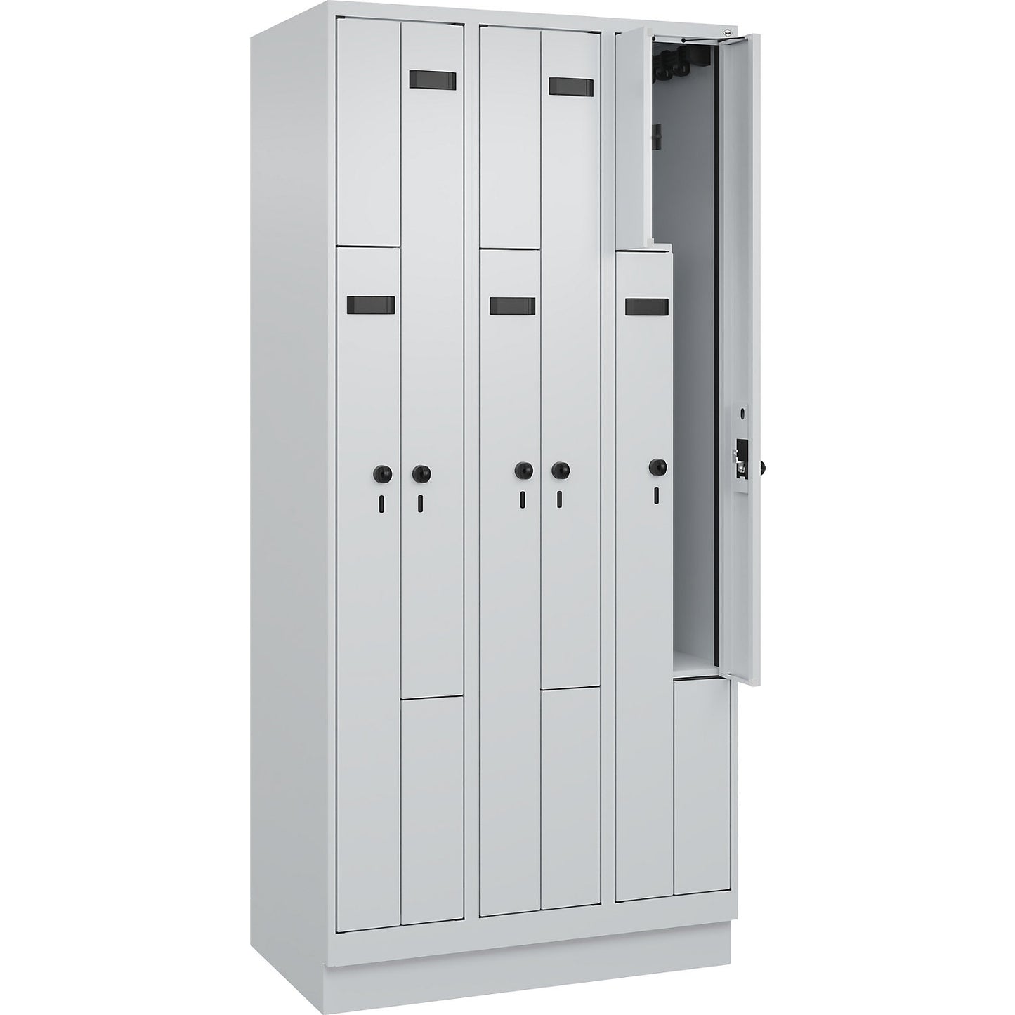 Evolo PLUS Z-locker, 3 compartments, light grey, W 900 mm, 6 compartments, with base plinth, security rotary bolt.