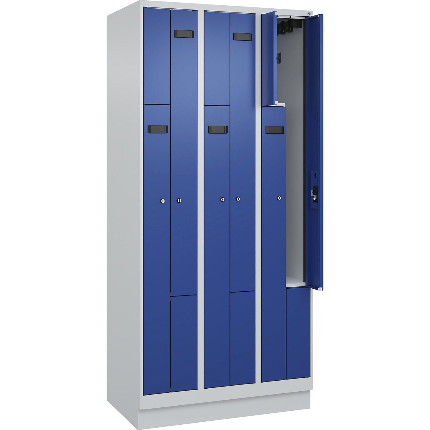 Evolo PLUS Z-locker, 3 compartments, light grey / gentian blue, W 900 mm, 6 compartments, with base plinth, cylinder lock.