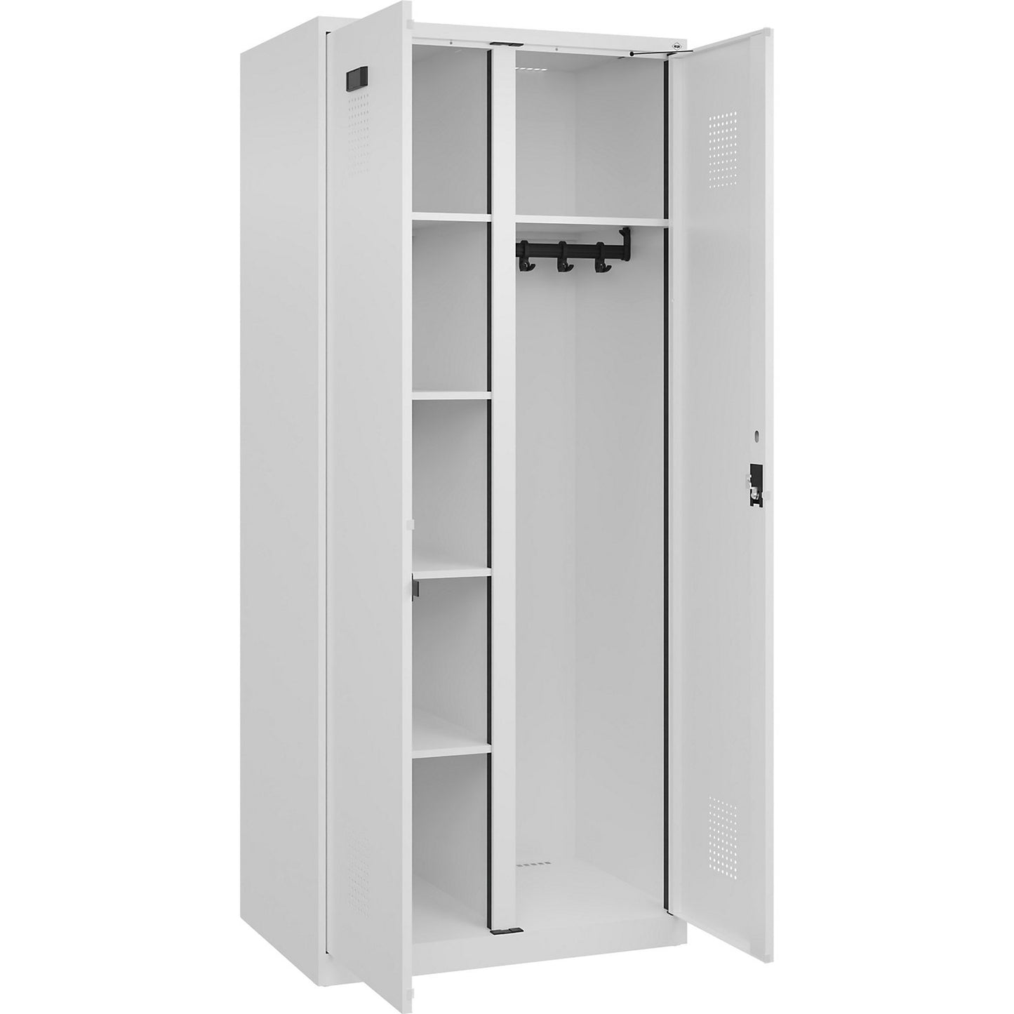 Evolo PLUS locker for cleaning products, 1 compartment, partition in centre, white, W 800 mm, with floor glides, cylinder lock.
