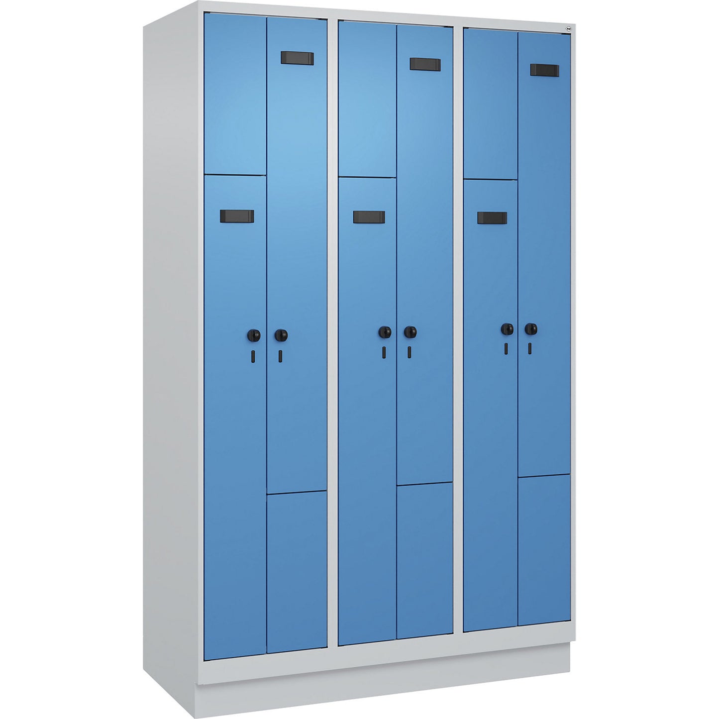 Evolo PLUS Z-locker, 3 compartments, light grey / light blue, W 1200 mm, 6 compartments, with base plinth, security rotary bolt.