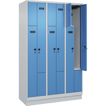 Evolo PLUS Z-locker, 3 compartments, light grey / light blue, W 1200 mm, 6 compartments, with base plinth, security rotary bolt.