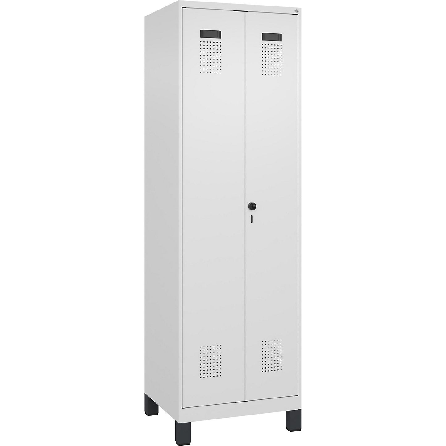 Evolo PLUS locker for cleaning products, 1 compartment, partition in centre, white, W 600 mm, with wide feet, security rotary bolt.