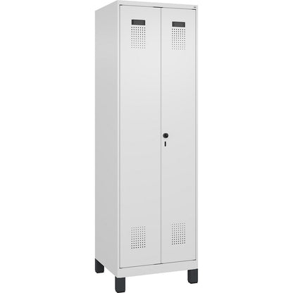 Evolo PLUS locker for cleaning products, 1 compartment, partition in centre, white, W 600 mm, with wide feet, security rotary bolt.