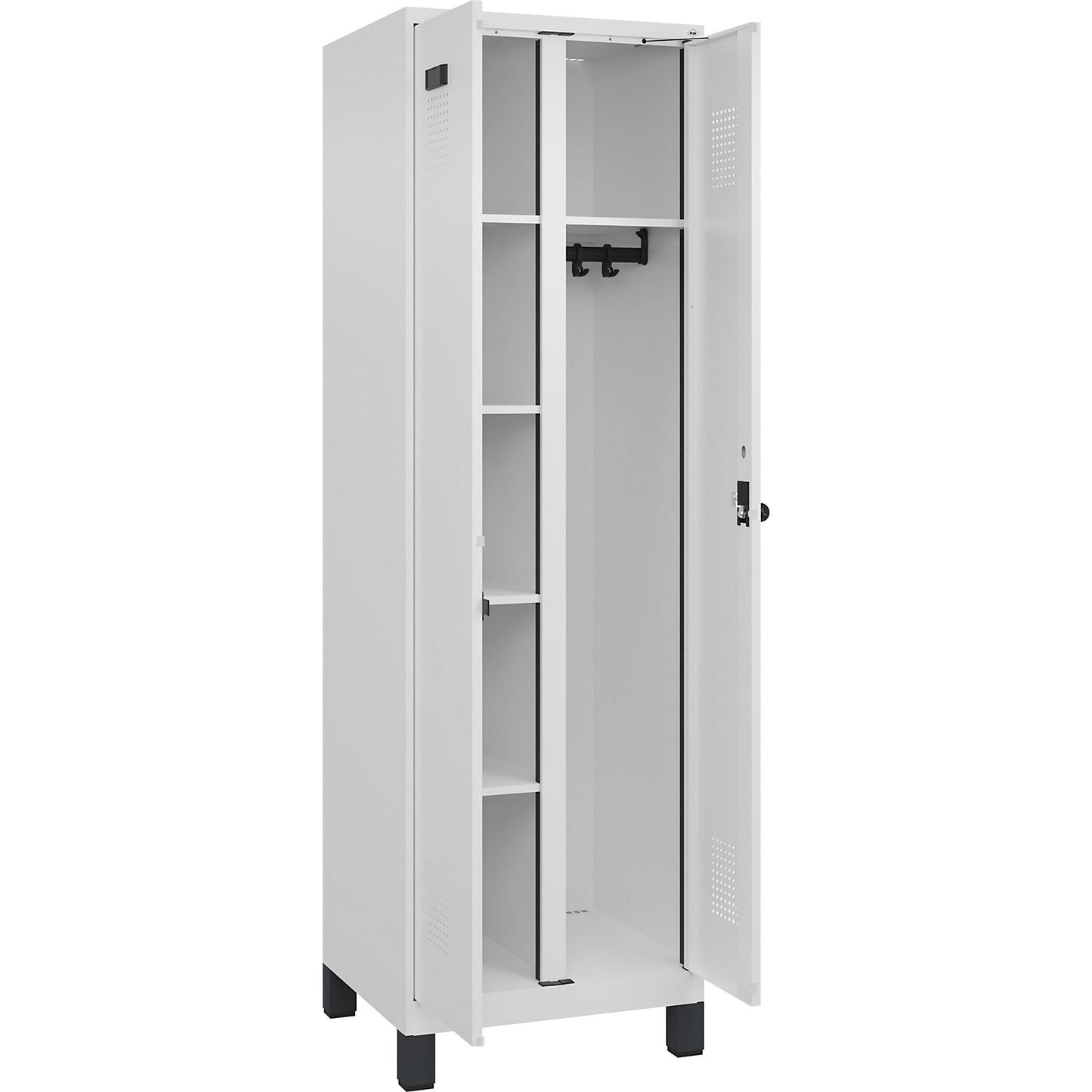 Evolo PLUS locker for cleaning products, 1 compartment, partition in centre, white, W 600 mm, with wide feet, security rotary bolt.