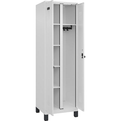 Evolo PLUS locker for cleaning products, 1 compartment, partition in centre, white, W 600 mm, with wide feet, security rotary bolt.