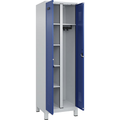 Evolo PLUS locker for cleaning products, 1 compartment, partition in centre, light grey / gentian blue, W 600 mm, with wide feet, cylinder lock.