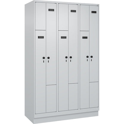 Evolo PLUS Z-locker, 3 compartments, light grey, W 1200 mm, 6 compartments, with base plinth, security rotary bolt.