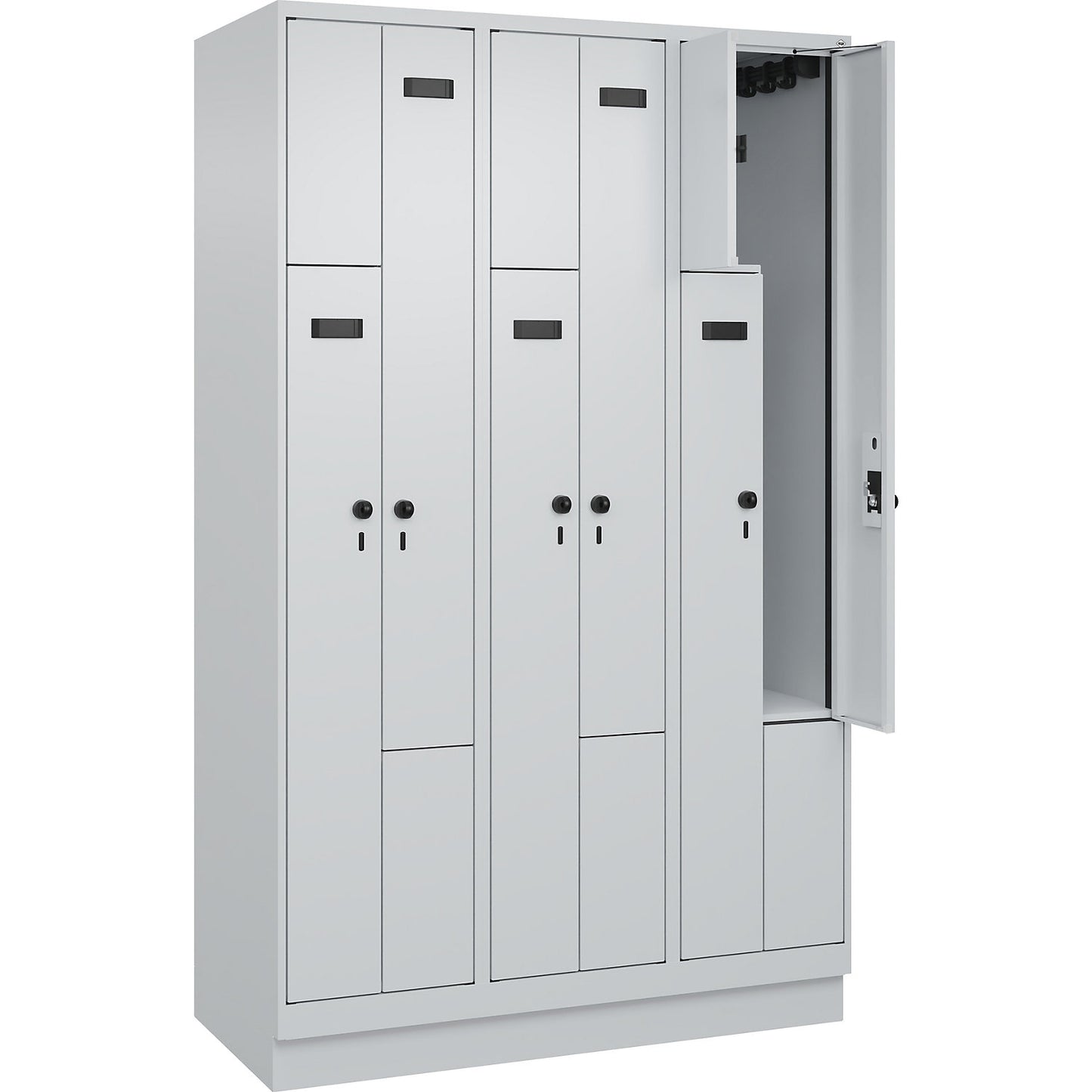 Evolo PLUS Z-locker, 3 compartments, light grey, W 1200 mm, 6 compartments, with base plinth, security rotary bolt.