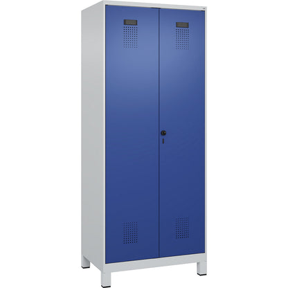 Evolo PLUS locker for cleaning products, 1 compartment, partition in centre, light grey / gentian blue, W 800 mm, with wide feet, security rotary bolt.