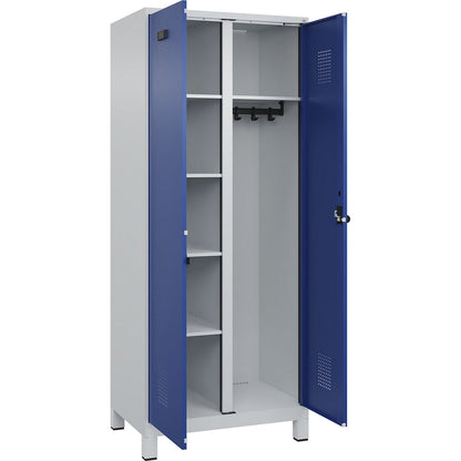 Evolo PLUS locker for cleaning products, 1 compartment, partition in centre, light grey / gentian blue, W 800 mm, with wide feet, security rotary bolt.