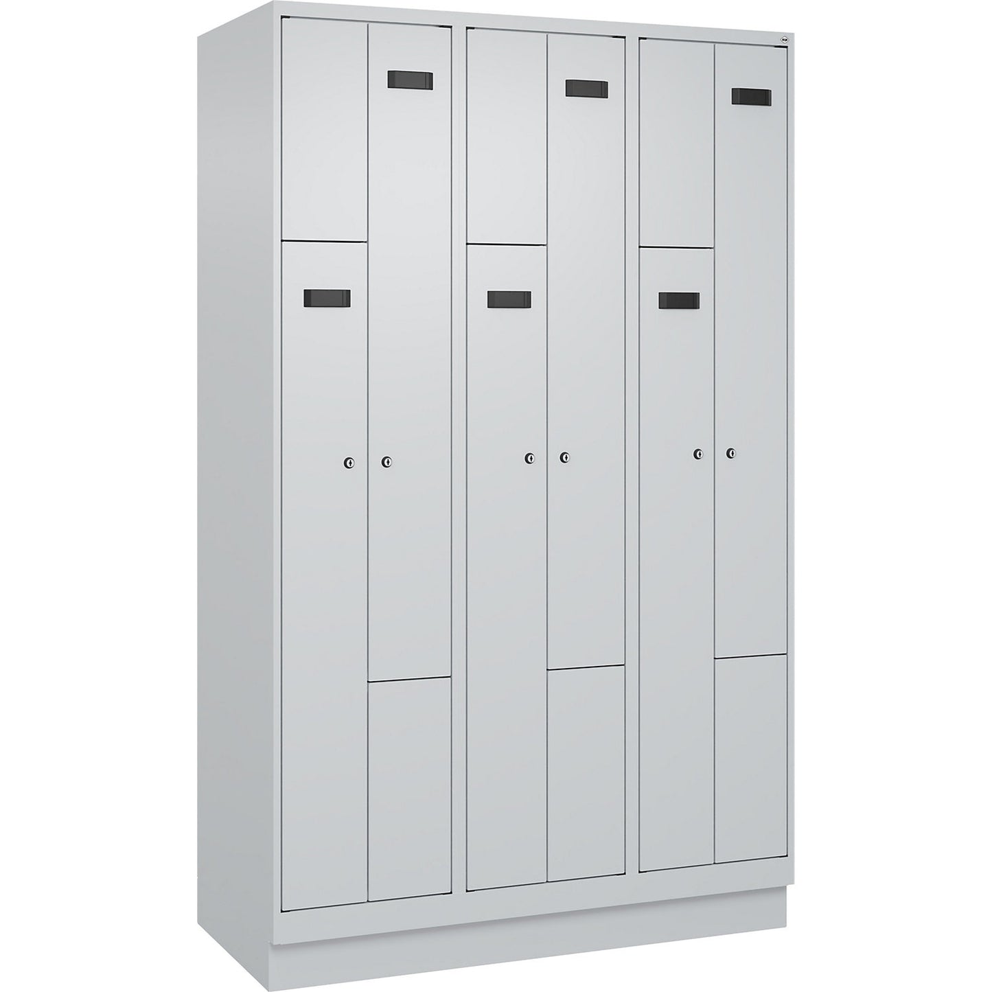 Evolo PLUS Z-locker, 3 compartments, light grey, W 1200 mm, 6 compartments, with base plinth, cylinder lock.