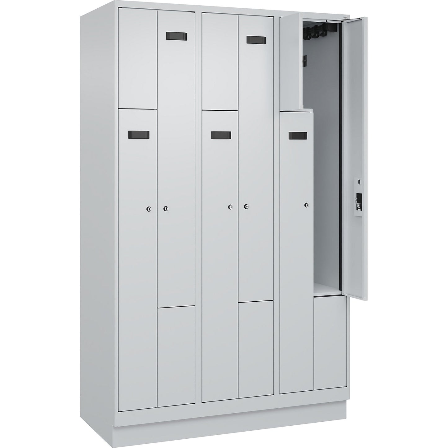 Evolo PLUS Z-locker, 3 compartments, light grey, W 1200 mm, 6 compartments, with base plinth, cylinder lock.