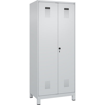 Evolo PLUS locker for cleaning products, 1 compartment, partition in centre, light grey, W 800 mm, with wide feet, security rotary bolt.