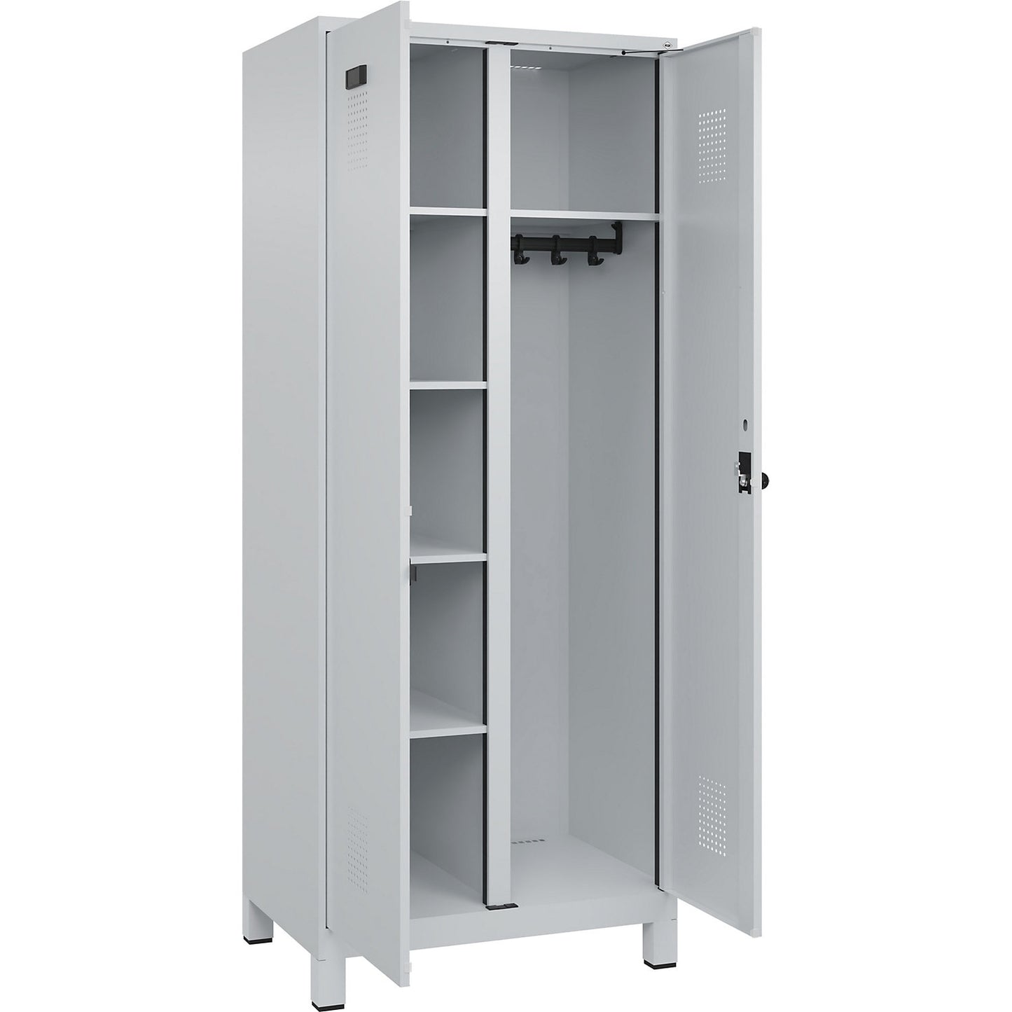 Evolo PLUS locker for cleaning products, 1 compartment, partition in centre, light grey, W 800 mm, with wide feet, security rotary bolt.