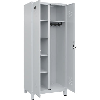 Evolo PLUS locker for cleaning products, 1 compartment, partition in centre, light grey, W 800 mm, with wide feet, security rotary bolt.