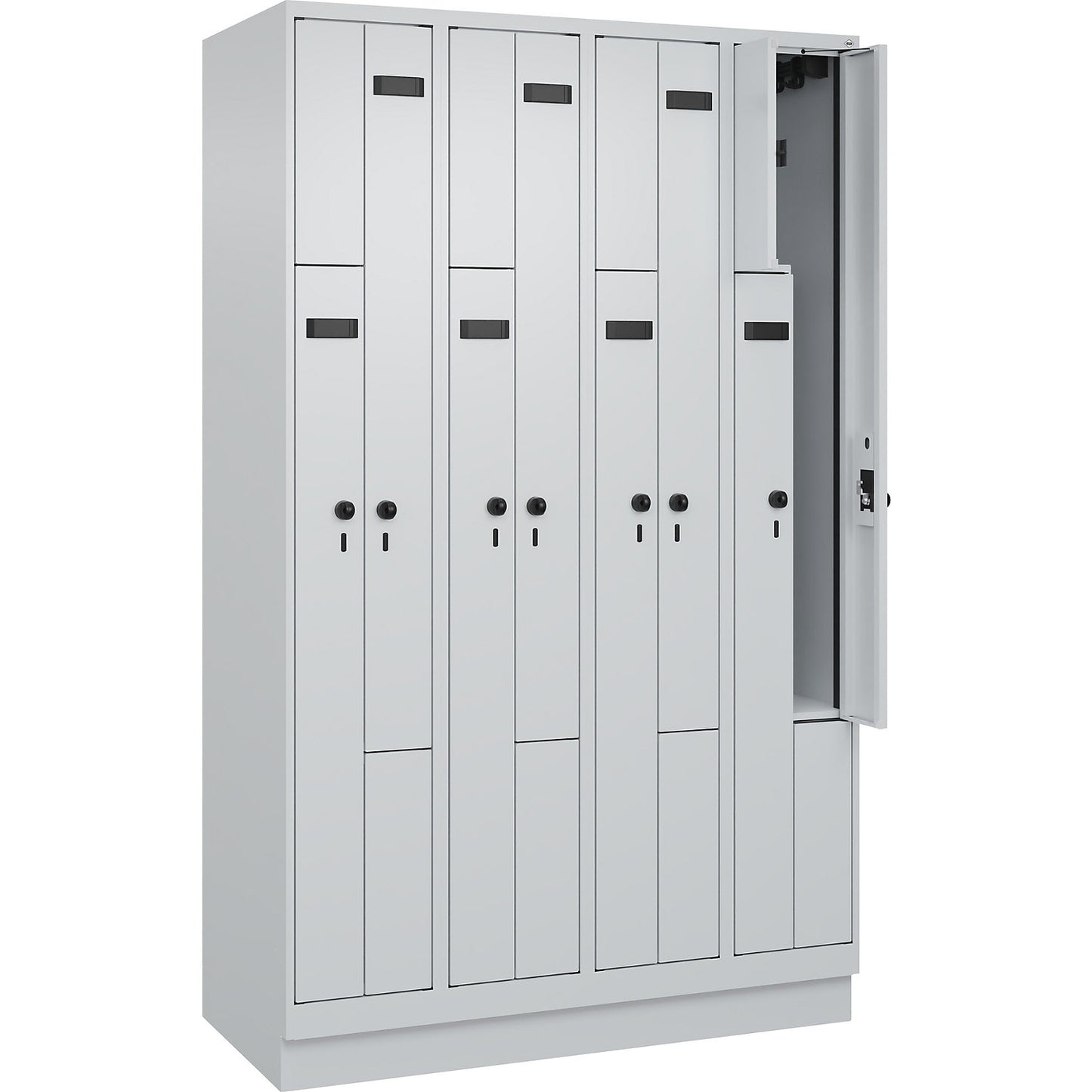 Evolo PLUS Z-locker, 4 compartments, light grey, W 1200 mm, 8 compartments, with base plinth, security rotary bolt.