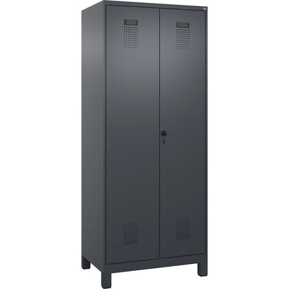 Evolo PLUS locker for cleaning products, 1 compartment, partition in centre, grey, W 800 mm, with wide feet, security rotary bolt.