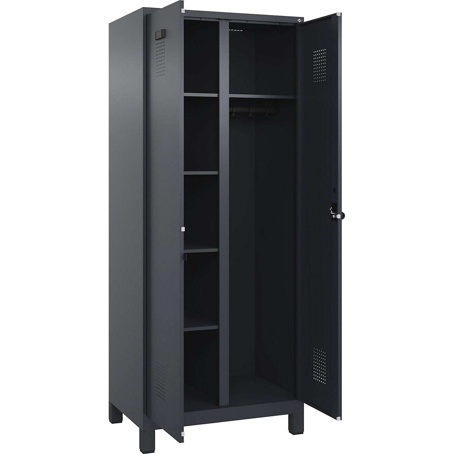 Evolo PLUS locker for cleaning products, 1 compartment, partition in centre, grey, W 800 mm, with wide feet, security rotary bolt.