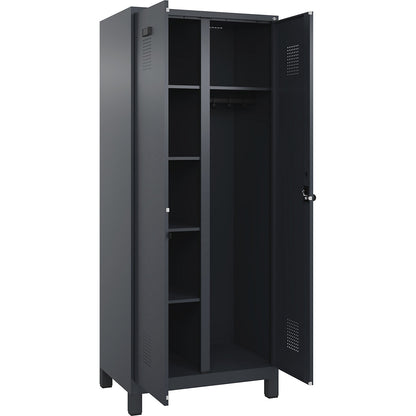 Evolo PLUS locker for cleaning products, 1 compartment, partition in centre, grey, W 800 mm, with wide feet, security rotary bolt.