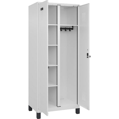 Evolo PLUS locker for cleaning products, 1 compartment, partition in centre, white, W 800 mm, with wide feet, security rotary bolt.