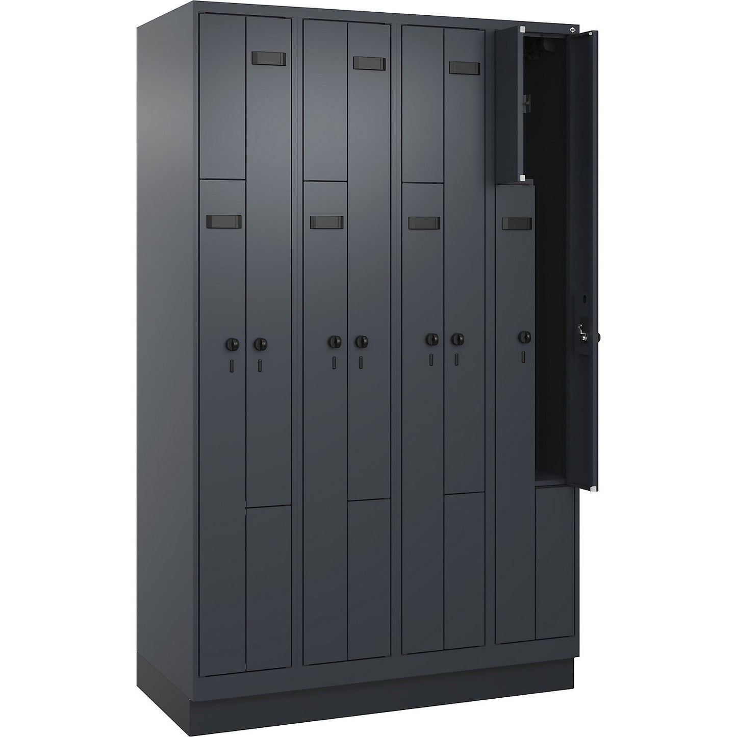 Evolo PLUS Z-locker, 4 compartments, grey, W 1200 mm, 8 compartments, with base plinth, security rotary bolt.